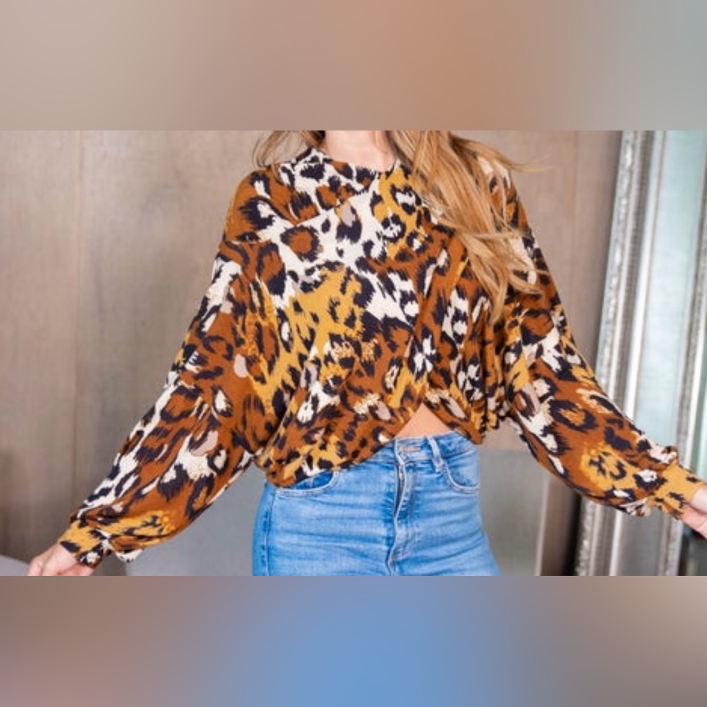 Sew In Love Crossover Tan And Brown Animal Print Blouse  Brand New WO Tags